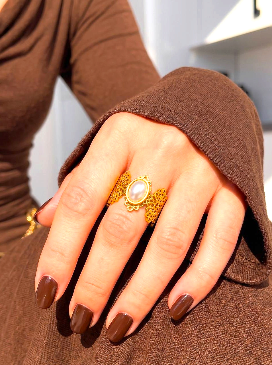 Stainless Steel Free Size Royal Pearl Ring