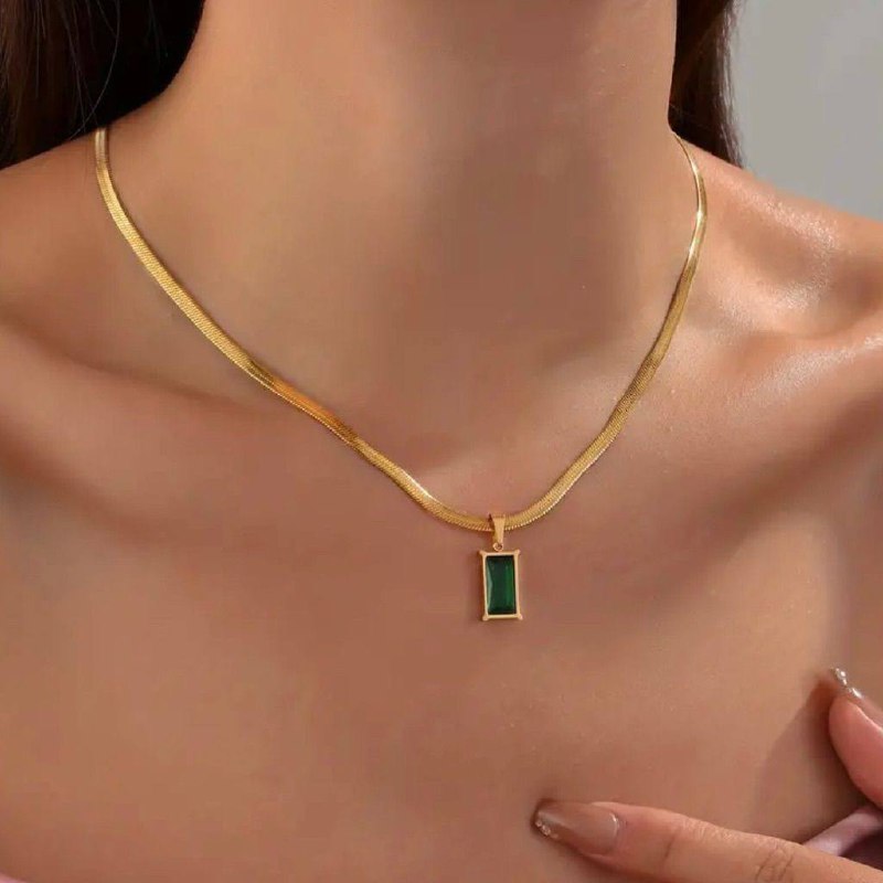 Stainless Snake Chain & Green Stone Necklace