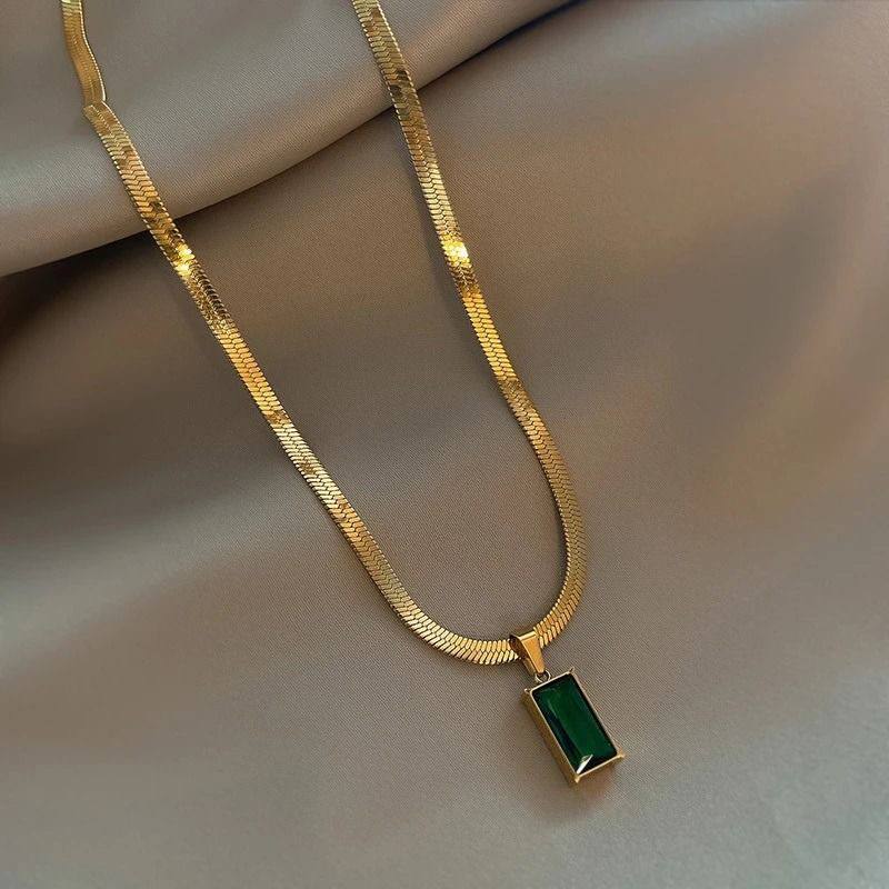 Stainless Snake Chain & Green Stone Necklace