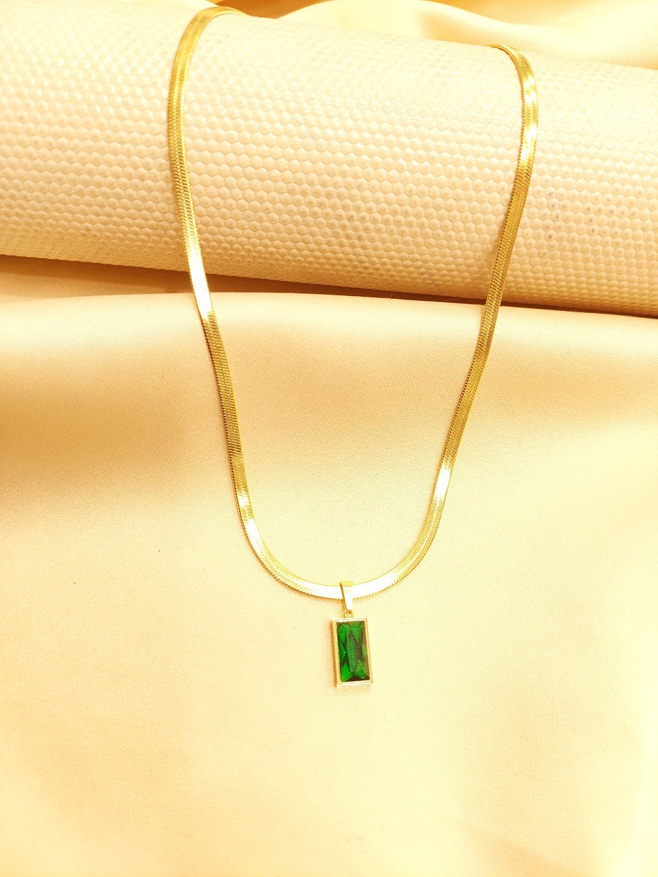 Stainless Snake Chain & Green Stone Necklace