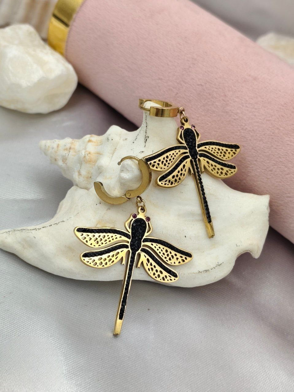 Stainless Steel Black Dragonfly Earring