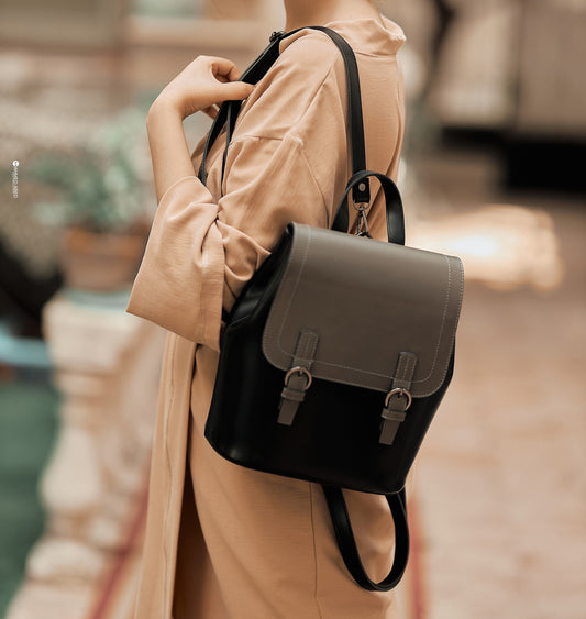Lapel leather Black x Grey Backpack