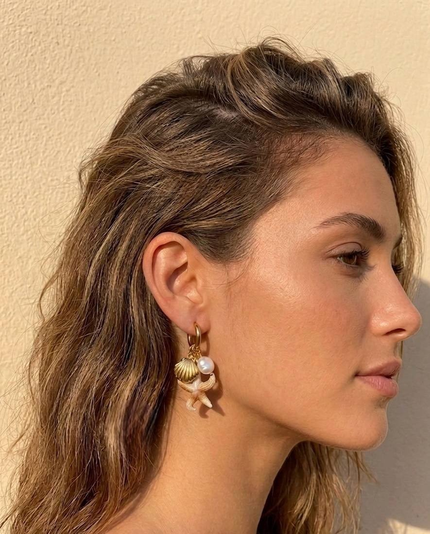 Stainless Steel Starfish & Shell & Pearl Earring