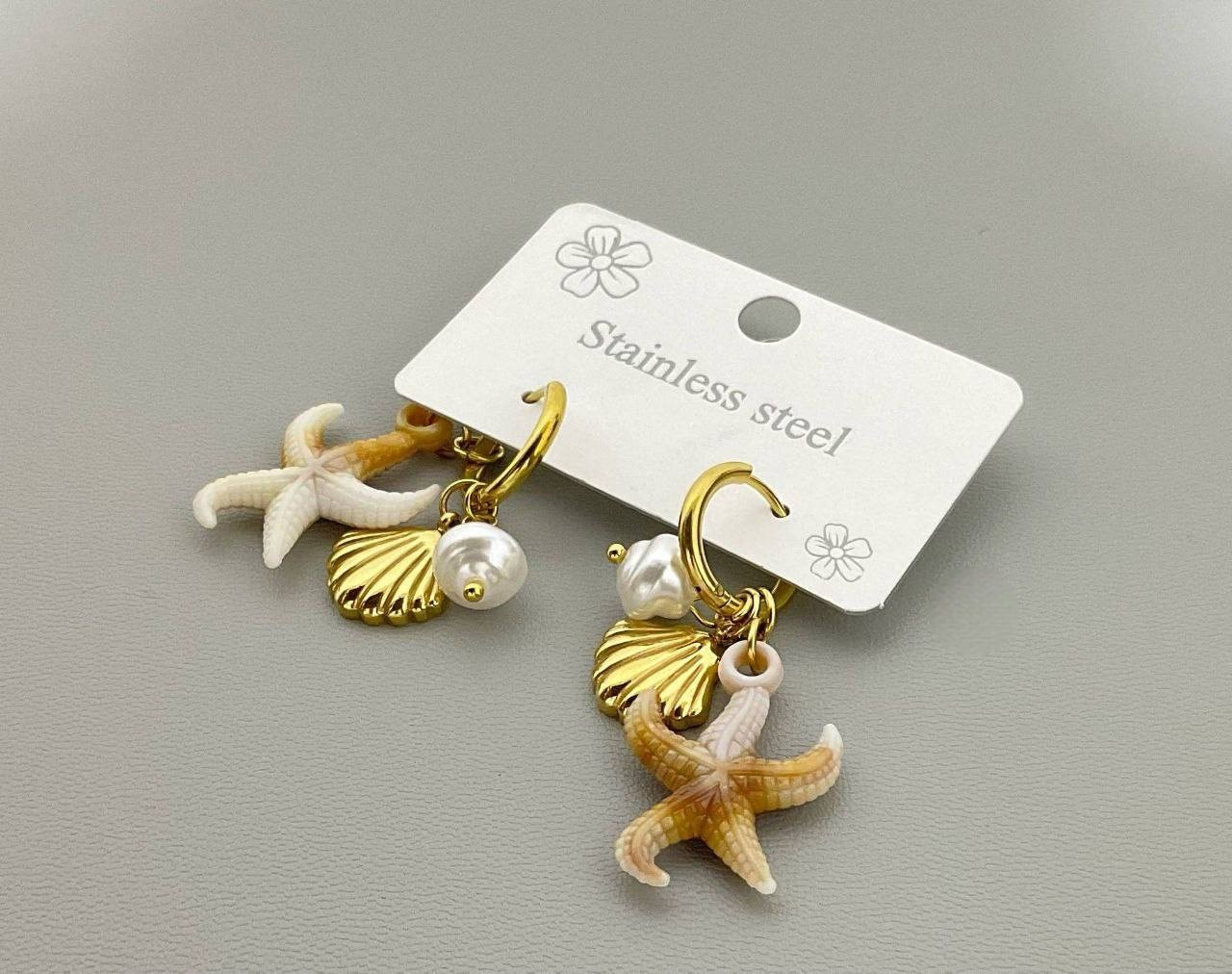 Stainless Steel Starfish & Shell & Pearl Earring