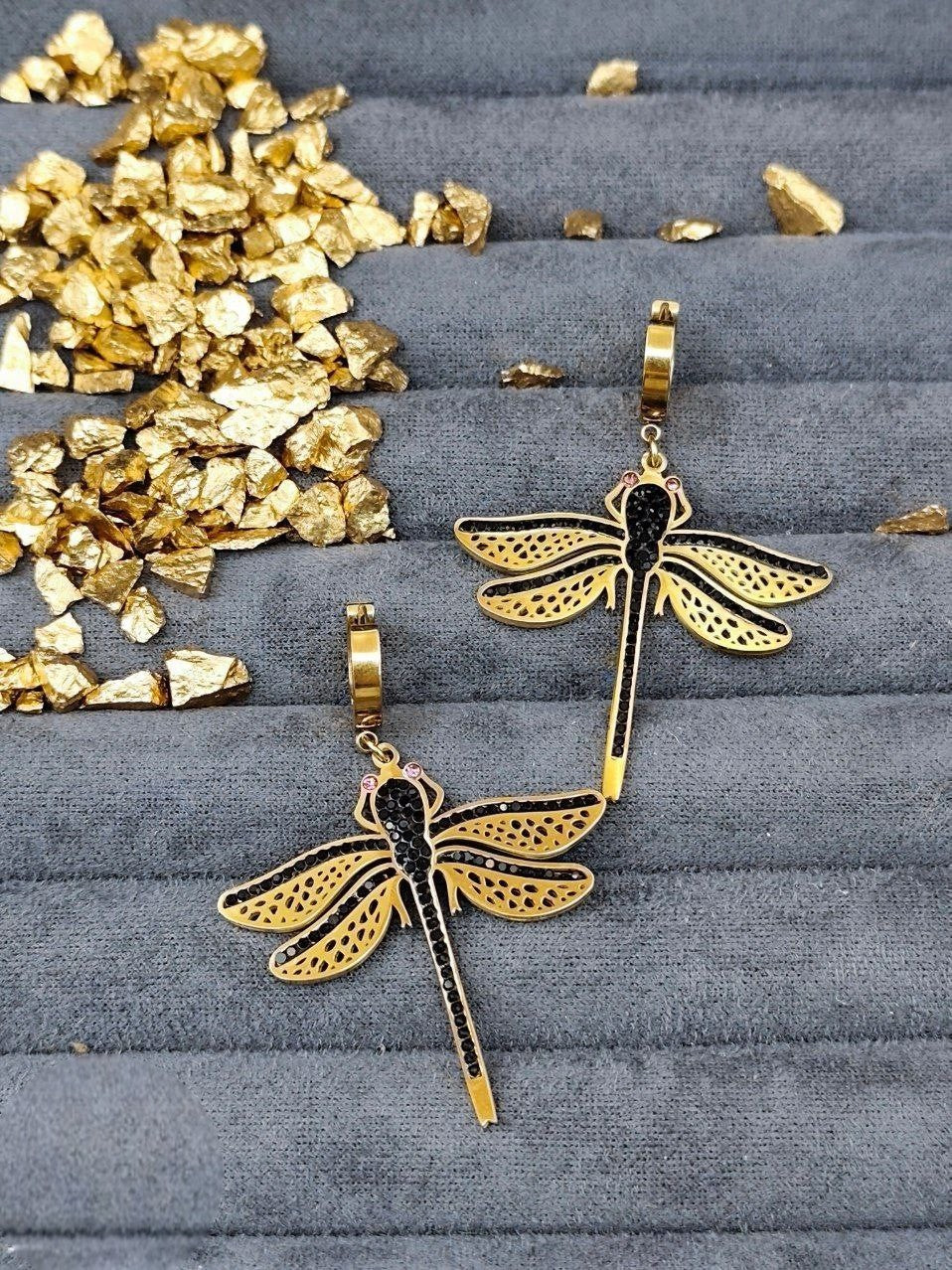 Stainless Steel Black Dragonfly Earring