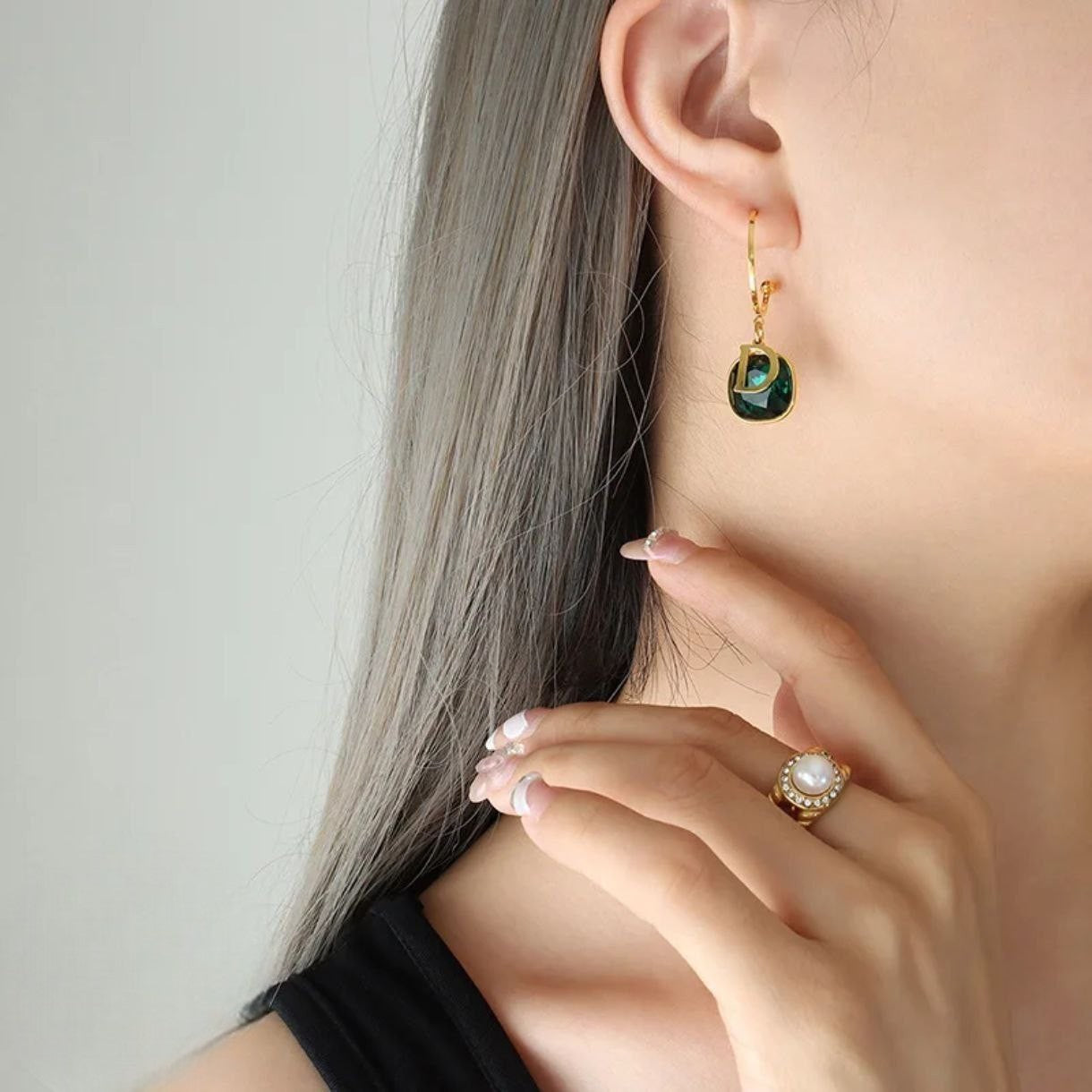 Stainles Steel Dior green Stone Earring